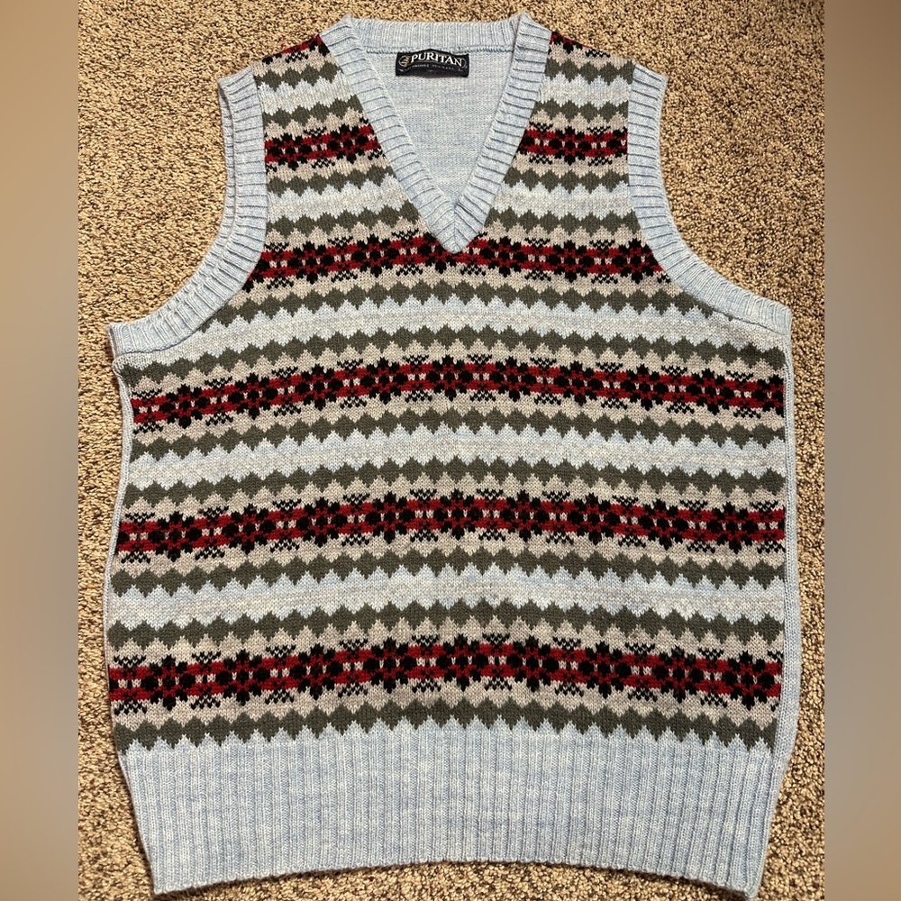Puritan Vintage Unisex V-Neck wool blend Sweater Vest in Fair Isle Print Pattern